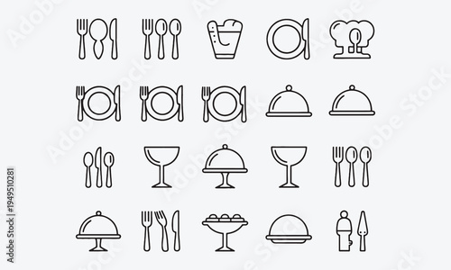 Catering icon set. food and drink icons, restaurants, canteens, cafes .fork, spoon, knife, plate, cloche, tray, chef hat, beverage, food, dining table
