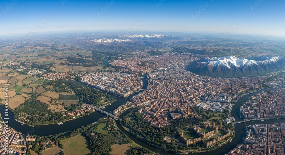 Obraz premium Breathtaking Aerial View of Picturesque European City by Serene Waterways and Snowy Mountains