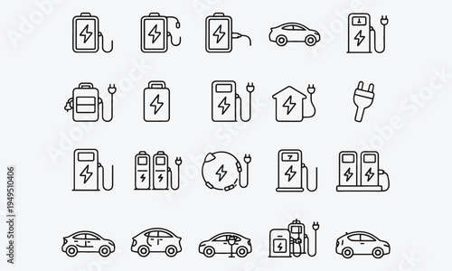 Charging outline icon set. Containing charge, battery, energy, electricity, charger, recharge, electric car, charging station. Vector illustration