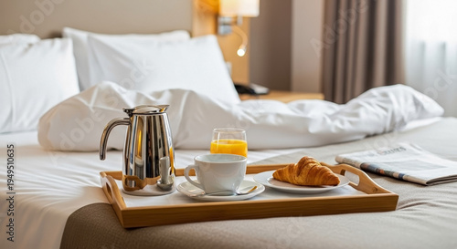 Appetizing room service breakfast on comfortable hotel bed, wooden tray holds croissant, fresh orange juice, coffee carafe. Complete room service breakfast setup with newspaper.