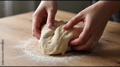 Hands Kneading Dough on Wooden Surface for Baking Preparation in a Kitchen