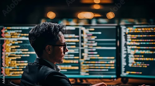 Focused professional analyzes complex data streams on multiple monitors in a dimly lit modern office environment representing cybersecurity finance and technological innovation