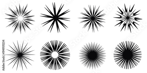 Abstract Radial Burst Vector Shapes Set in Black Silhouette, Comic Explosion, Sunburst and Starburst Effects Collection for Dynamic Graphic Design, Pop Art Background Elements and Decorative Impact Ic