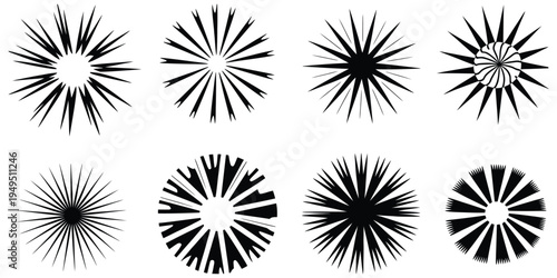 Abstract Radial Burst Vector Shapes Set in Black Silhouette, Comic Explosion, Sunburst and Starburst Effects Collection for Dynamic Graphic Design, Pop Art Background Elements and Decorative Impact Ic