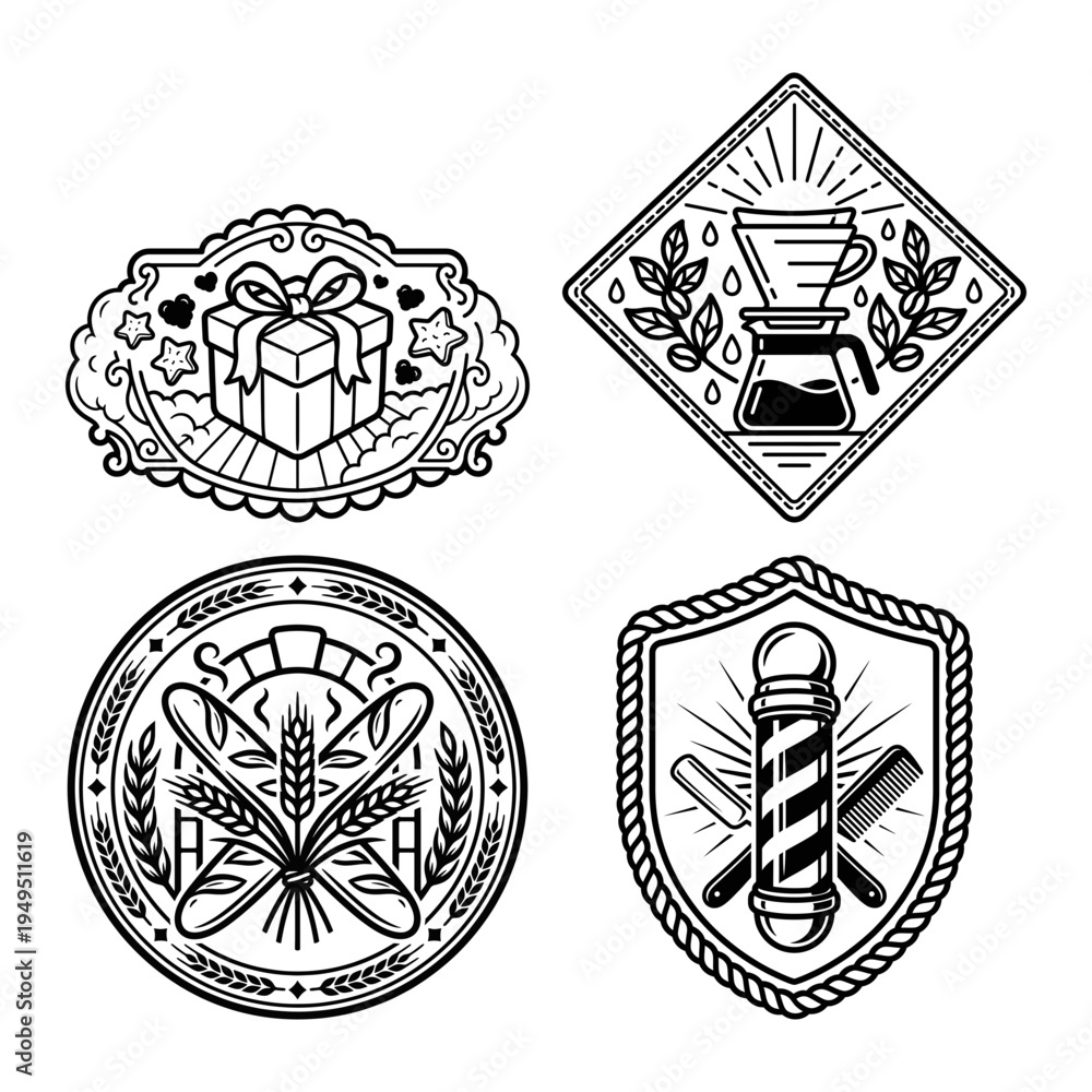 Obraz premium Local business badge set with gift coffee bakery and barber
