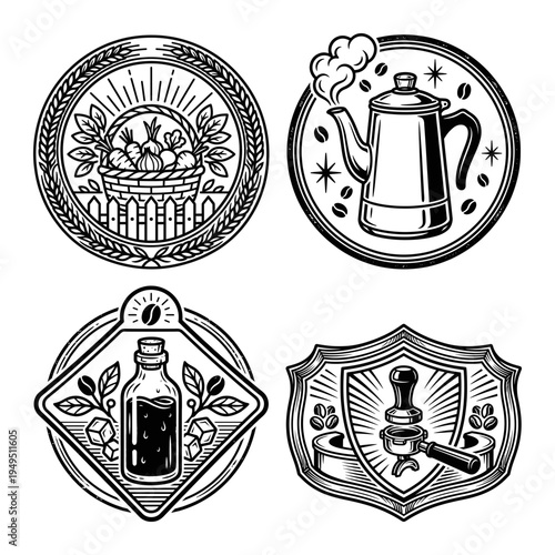 Organic coffee and market badge set with produce and barista tools
