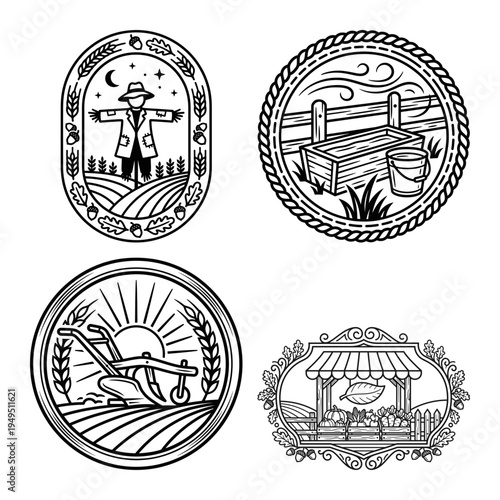 Harvest farm badge set with scarecrow wheelbarrow and produce stand