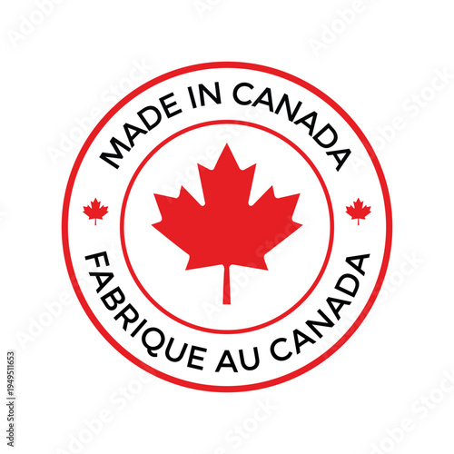 Made in Canada and Fabriqué au Canada red maple leaf vector stamp for product labeling and national origin branding