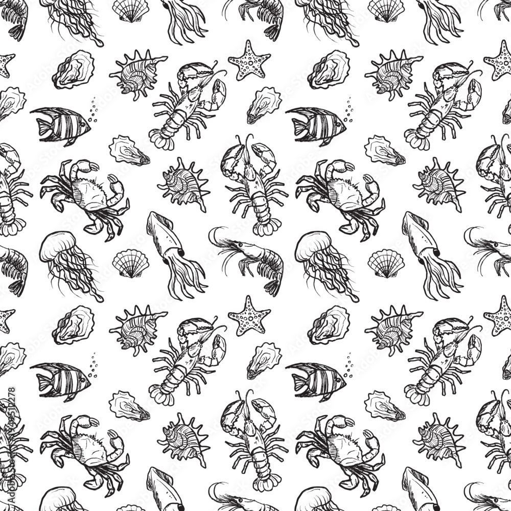 Fototapeta premium Seamless pattern with marine animals - lobster, jellyfish, shrimp, crab, squid, oyster in black brush stroke texture isolated on white. Hand drawn vector sketch illustration in vintage charcoal ink