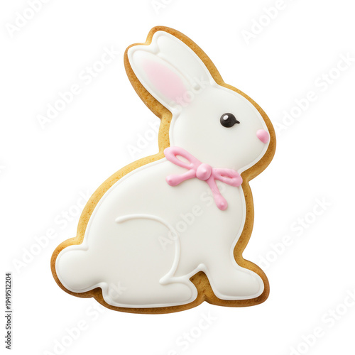 Cookie in shape of Easter bunny symbol decorated with icing, isolated on transparent background. Easter baking and children parties in spring, cooking workshop for kids on spring break