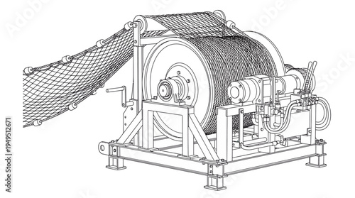 Detailed engineering drawing of a large industrial winch with a net.