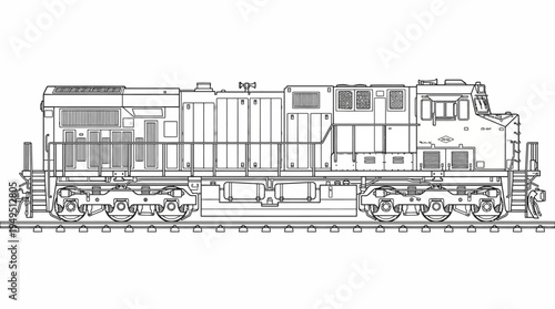 Detailed Line Drawing of a Modern Diesel Locomotive on Tracks.