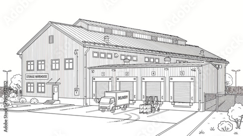 Architectural drawing of a large industrial warehouse with loading docks and delivery trucks, showcasing a functional logistics hub.