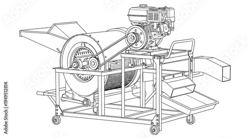 Detailed technical drawing of a grain thresher machine with an engine.