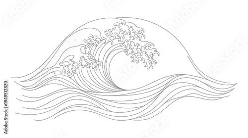 A detailed line drawing of a large, cresting ocean wave with intricate foam details and flowing water patterns below.