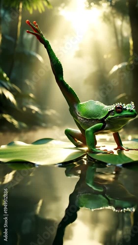 Green frog on leaf in misty tropical forest with golden light