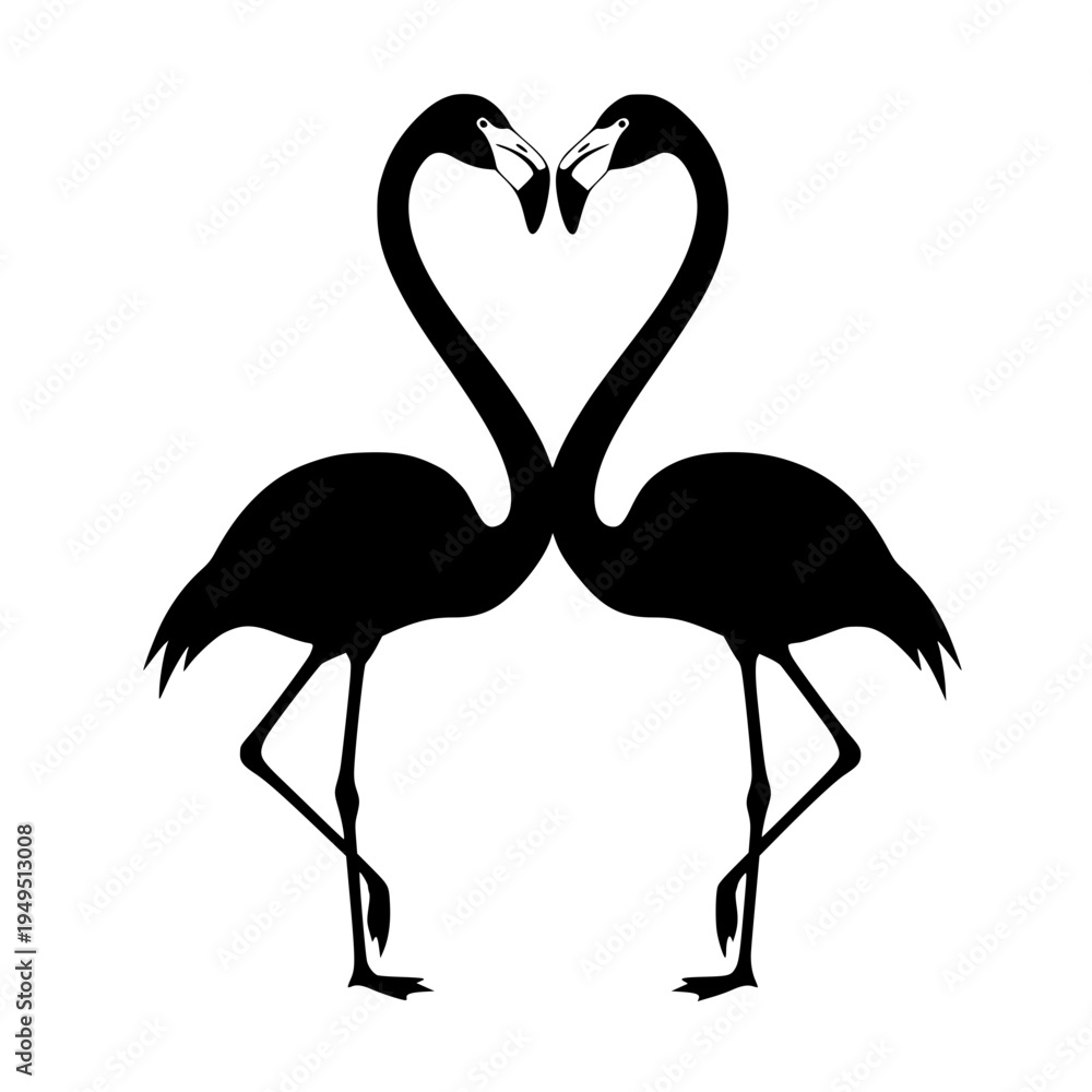Naklejka premium Two elegant flamingos form a heart, their graceful necks entwined in a timeless embrace, symbolizing love and connection, crafted in striking black and minimalist artistry.