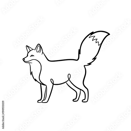A single-line drawing of a cunning fox with a fluffy tail, standing proudly.