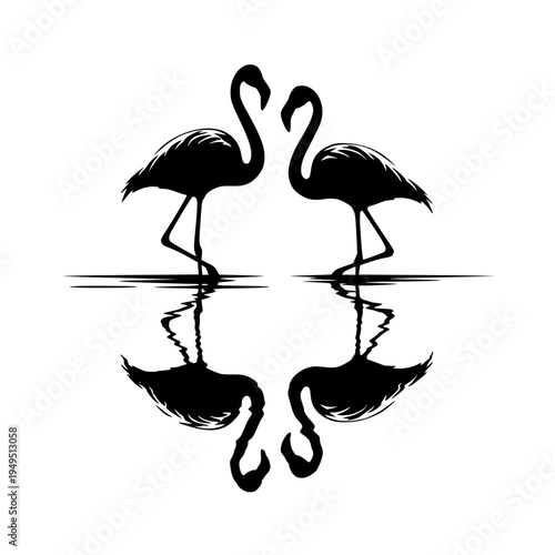 Elegant silhouettes of flamingos stand gracefully in calm waters. This evocative image captures the exquisite dance of nature.