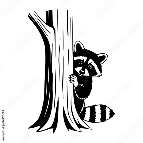 A playful raccoon peeks out from behind a tree, with adorable eyes, a bushy tail, and a cute black and white face.
