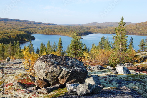 Obraz na plátně The colorful and amazing stones of the northern tundra, covered with moss and lichen