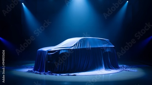 New SUV covered in blue satin fabric on stage with spotlight shining down during vehicle reveal event in a modern venue setting