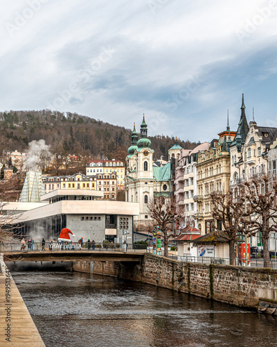 Karlovy Vary, Czech Republic, 01-01-2025, a thermal mineral bath spa city located at the Ohre and Tepla river, part of Unesco, Neo Renaissance and Neo Baroque building architecture style