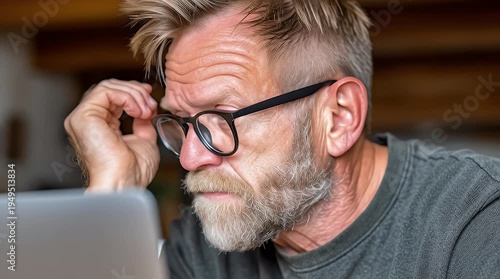 Frustrated man with glasses stares intently at a laptop screen displaying signs of stress and concern while working from home or in a dimly lit office setting