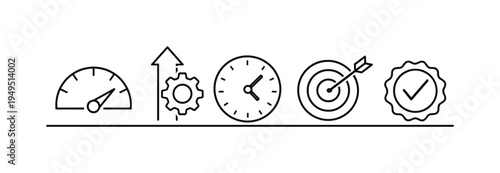 Business performance tracking and productivity monitoring for measuring progress and operational efficiency in modern organizations, speed gauge meter, upward arrow, gear, clock