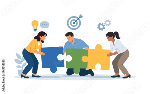 A teamwork collaboration scene where professionals combine their efforts to complete a shared project goal, represented with three people connecting large puzzle pieces together in