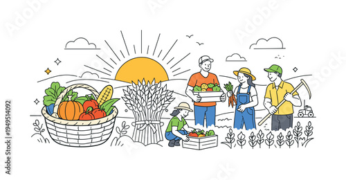 An agriculture harvesting scene where a small farming team gathers crops during a productive harvest season in a rural field, using a clear visual metaphor of a basket of