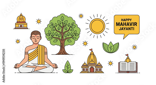 Happy Mahavir Jayanti: Meditating Monk, Temple, Tree, Sun, Lotus - Jain Festival