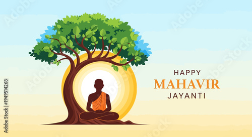 Happy Mahavir Jayanti: Monk Meditating Under Tree, Spiritual Enlightenment, Jainism Celebration
