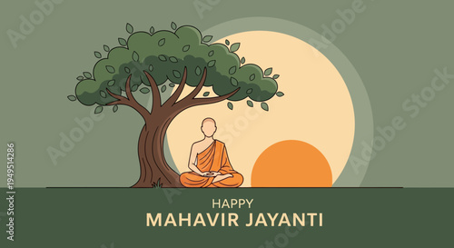 Happy Mahavir Jayanti: Monk Meditating Under Tree, Sunrise, Spiritual Celebration