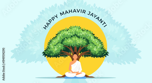 Happy Mahavir Jayanti: Person Meditating Under Tree, Symbolizing Peace and Enlightenment