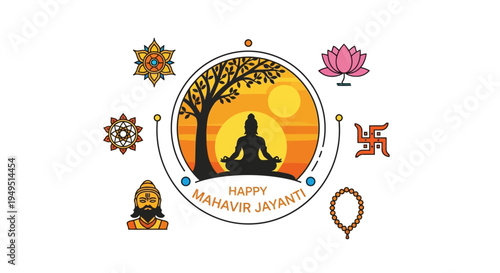 Happy Mahavir Jayanti illustration with Lord Mahavir meditating under a tree, lotus, swastika, mala