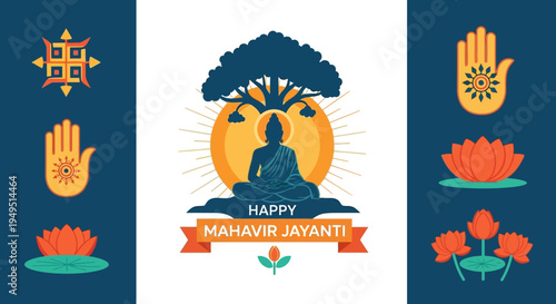Happy Mahavir Jayanti: Buddha Meditation under Tree, Lotus, Hand Symbols, Indian Festival