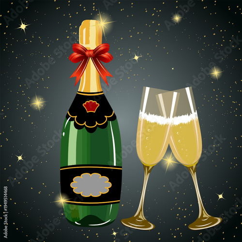 Glasses and a bottle of champagne with a bow.Vector illustration with champagne in glasses and bottle with red bow on color background with gold decor.