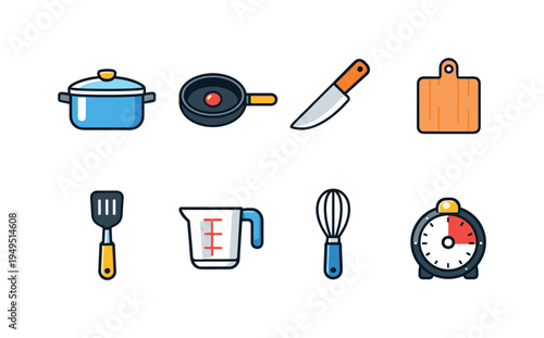 Home cooking utensils: cooking pot with lid, frying pan, kitchen knife, cutting board, spatula turner, measuring cup, whisk mixer, kitchen timer