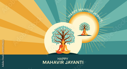 Happy Mahavir Jayanti: Meditating figure under tree, spiritual enlightenment, Jain festival celebration