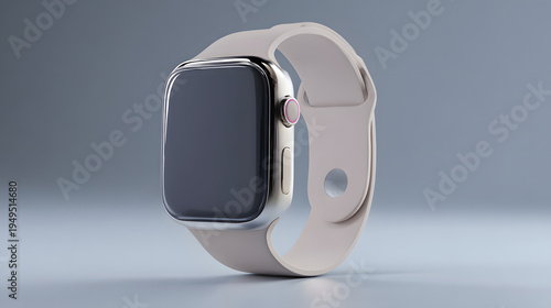 3D semi-real cartoon smartwatch displayed upright, slightly oversized rounded screen, smooth matte strap, subtle screen reflection. Clean minimal design. Solid cool gray background, soft studio