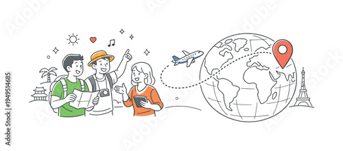 A global travel planning moment where a small group prepares an international trip and discusses destinations while exploring new cultures and experiences across the world, visual