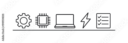 Smart business automation and streamlined digital workflow reducing repetitive tasks and improving productivity through modern technology systems, gear wheel, microchip, laptop