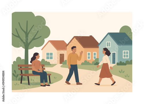 A relaxed residential neighborhood scene representing the charm of everyday life in a cozy town environment, represented with small houses, a tree lined sidewalk, and a simple