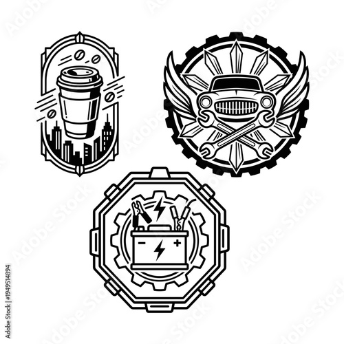 Garage service emblem bundle with classic car battery and coffee