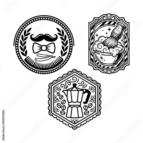 Barbershop and coffee emblem bundle with mustache razor and moka