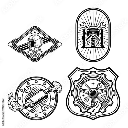 Automotive workshop badge bundle with helmet lift exhaust and wheel