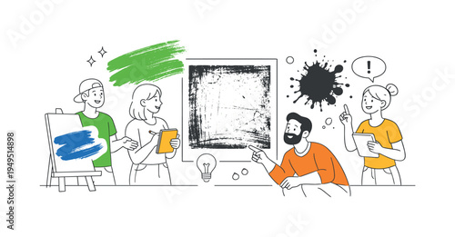 A modern graphic design concept where a creative team experiments with bold textured visual elements used to add character and depth to posters and editorial layouts, visual