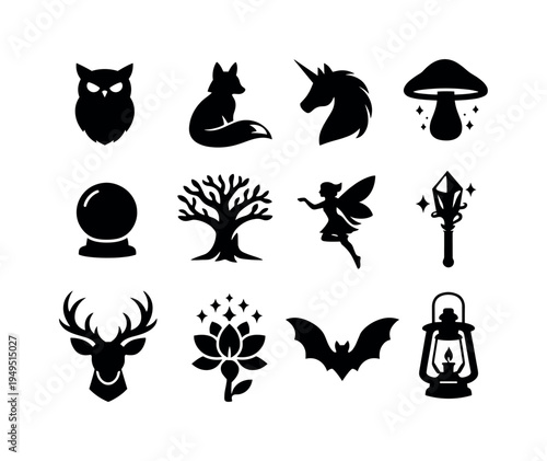 Mystical forest guardians: owl silhouette, fox, unicorn, floating mushroom, crystal orb, enchanted tree, winged fairy, mystical staff, antlered deer, magical flower, bat in flight
