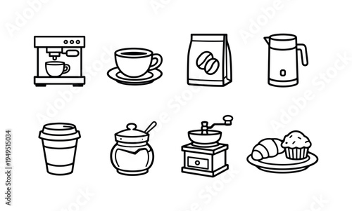 Urban coffee culture: espresso machine, coffee cup with saucer, coffee beans bag, milk frother, takeaway cup with lid, sugar jar, coffee grinder, pastry plate